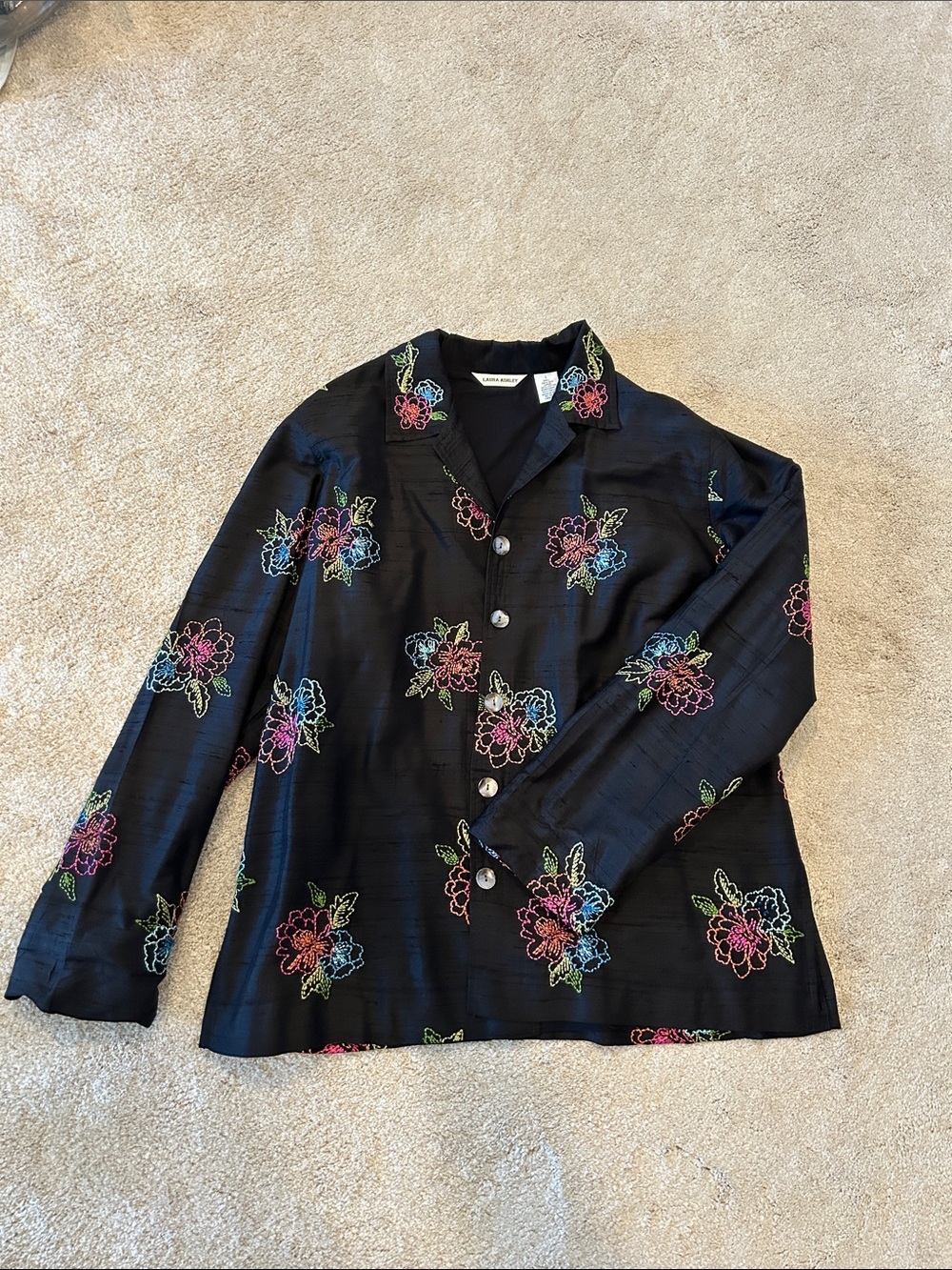Laura Ashley Black Floral Embroidered Button Front Blouse